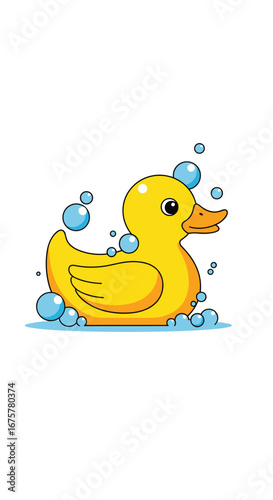 Cute yellow rubber duck floating amongst gentle bubbles during a refreshing bath time adventure