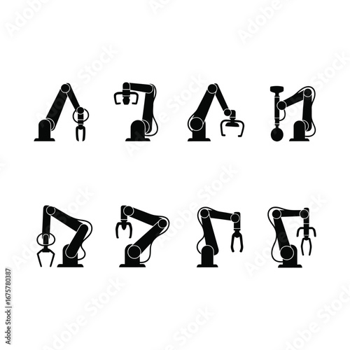 Set of industrial robotic arm icons, a concept for a physiotherapy robot silhouette collection for automation and medical technology design