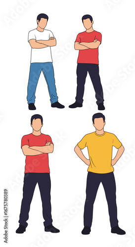 Collection of diverse male figures posing with arms folded confidently and casually