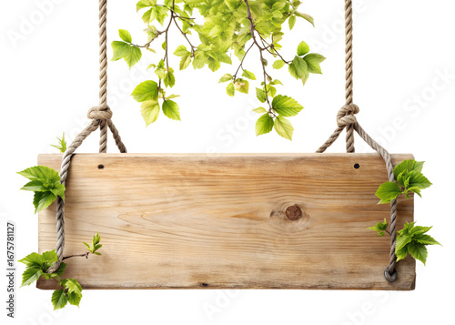 blank wooden board hang on a branch png image on transparent background