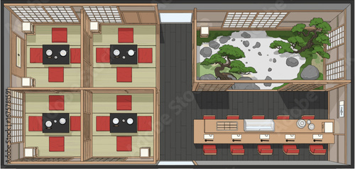 Authentic Japanese restaurant layout with tatami rooms and zen garden design, interior architecture project