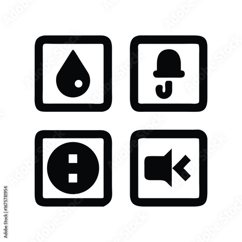 Four simple black icons representing water drop umbrella power button and volume control