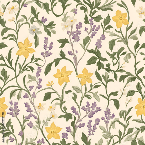 Vintage Floral Seamless Pattern with Lavender and Yellow Wildflowers. Elegant Botanical Wallpaper Design in an Victorian English Country Garden Style.