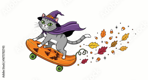 Cute cartoon cat in a witch costume riding a jackolantern skateboard for Halloween.