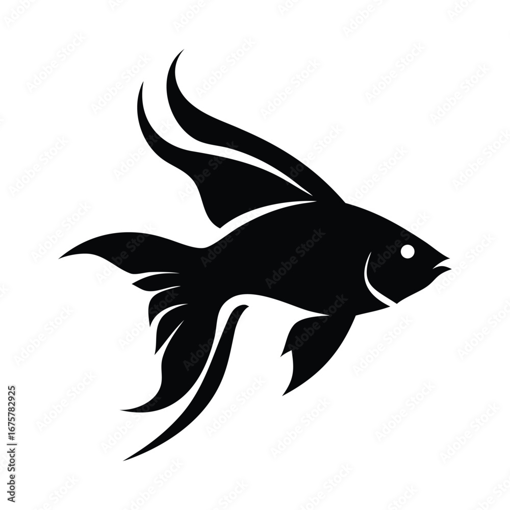 Fototapeta premium Stylized black fish silhouette with flowing fins on a white background