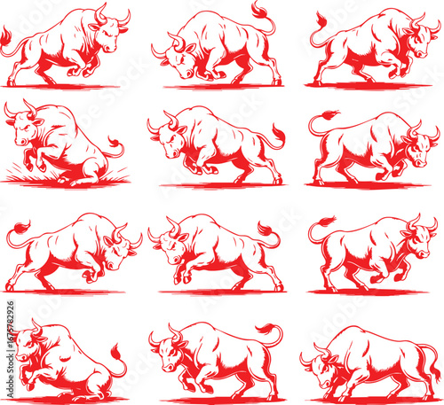 Aggressive and Fierce Red Bulls in different poses, Vector Illustration