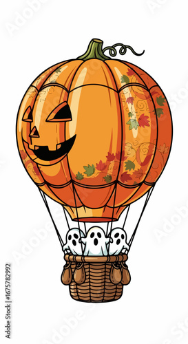 Cute Halloween illustration of a Jackolantern hot air balloon with three ghosts in a basket.