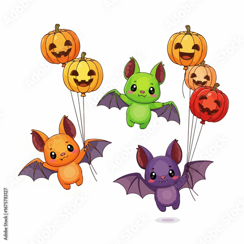 Wallpaper Mural Cute kawaii Halloween bats flying with pumpkin balloons. Torontodigital.ca