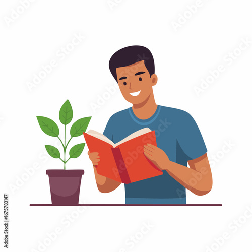 Reading and Nurturing: A person's tranquil moment of reading, alongside a budding plant, conveys the nurturing of mind and nature's essence.