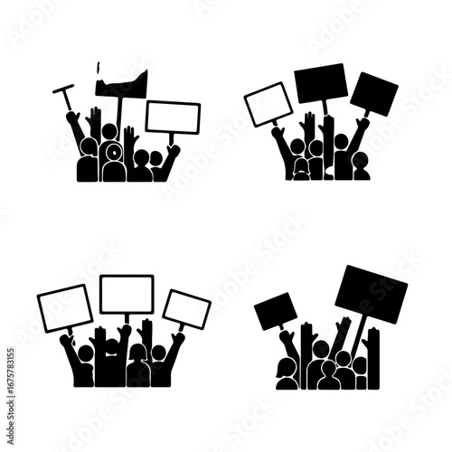 Set of four protest icons featuring a silhouette crowd of people holding blank signs for activism and demonstration