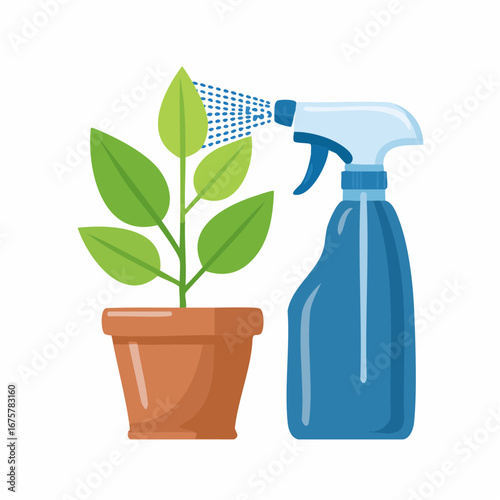 Nurturing Nature: A green plant is carefully tended with a spray bottle, water droplets creating a visual of fresh growth and care. 