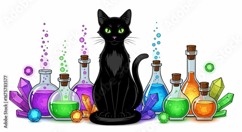 Mystical black cat with green eyes among magic potions and crystals.