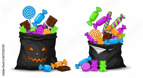 Set of two Halloween trickortreat bags overflowing with colorful candy.