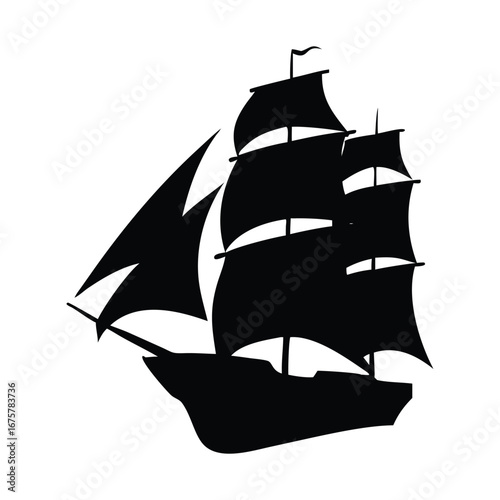 Silhouette of a majestic sailing ship with full sails against a white background