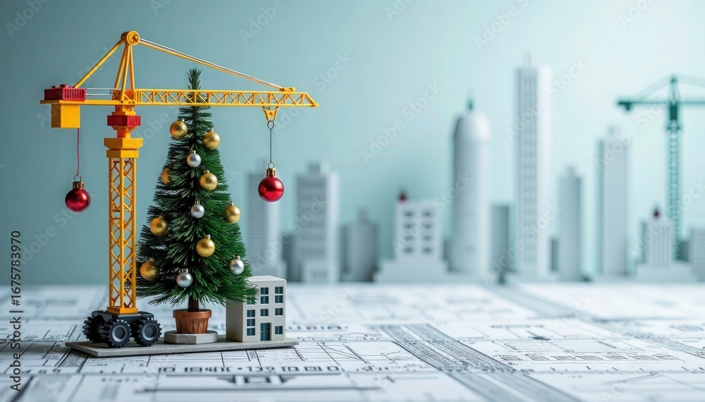 © HappyFoxy - Miniature tower crane decorates christmas tree with red and gold baubles on architectural blueprints, small building model in foreground, city skyline background, construction industry holiday concept