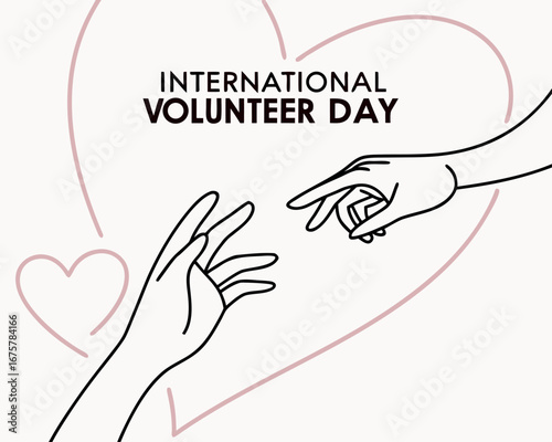Vector art of international volunteer day message with reaching hands and heart symbol on