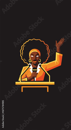 Vector illustration of a powerful Black woman with an afro giving a speech at a podium.