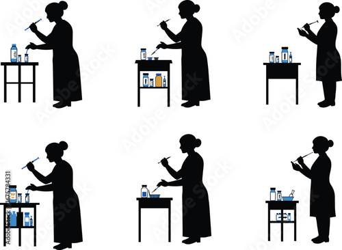 Scientist silhouette conducting experiments in laboratory, female chemist working with beakers, test tubes, pipette, bottles