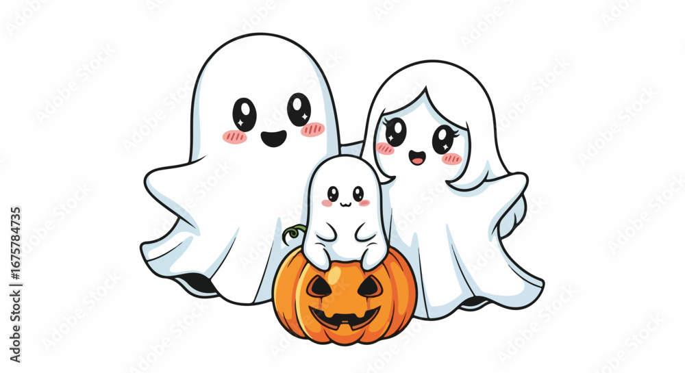 Fototapeta premium Adorable cartoon ghost family celebrating Halloween with a pumpkin.