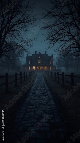A creepy, isolated haunted house in a foggy forest at dusk with a cobblestone path leading to the front door.