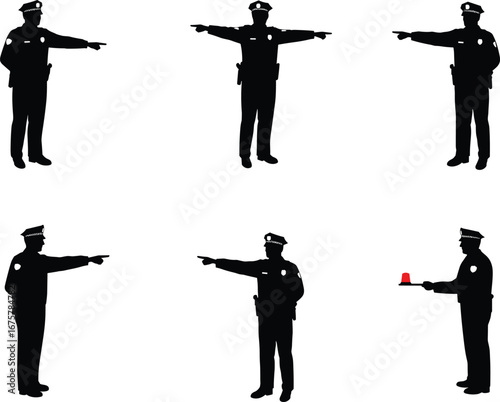 Silhouettes of police officers in uniform pointing directions and holding red siren, law enforcement pose collection