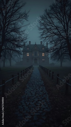 A spooky, mysterious house with glowing windows on a dark, foggy night, with a cobblestone path leading up to it.