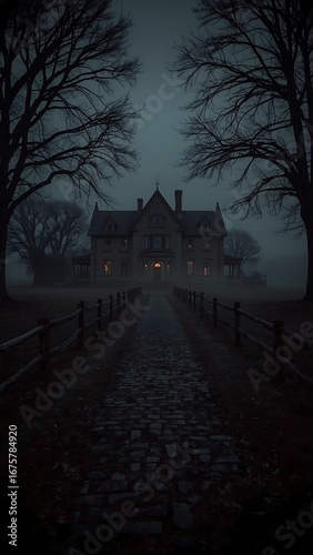 A spooky, mysterious house with glowing windows on a dark, foggy night, with a cobblestone path leading up to it.