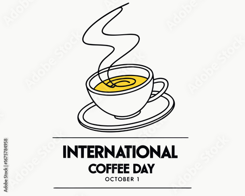 Vector art of international coffee day celebration with a steaming cup of coffee and saucer