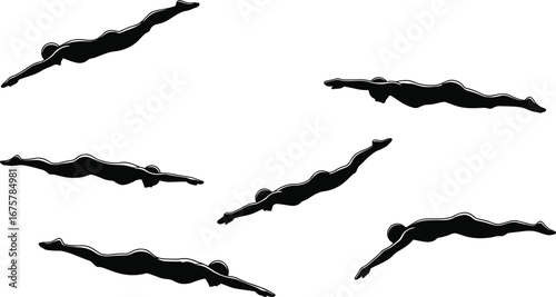 Swimming silhouettes, streamlined swimmers, diving athletes, aquatic sports, competitive swimming, underwater glide, fitness training, motion study