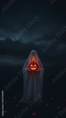 A mysterious ghost figure holding a glowing jack-o'-lantern in a dark, spooky forest on Halloween night.