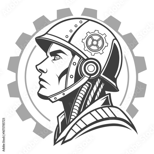 Cyborg soldier with helmet and gear, a robot design