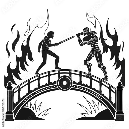 Fierce sword fight on a bridge