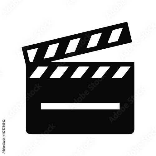 Simple black and white icon of a movie clapperboard