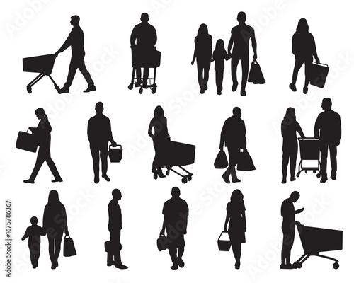 Set of black silhouettes of people shopping in store. Men, women, and families with shopping carts and bags. Vector illustration for retail, supermarket, mall, consumerism, commerce and marketing