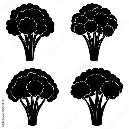 Four broccoli florets in a grid pattern presented in a simple black and white vector illustration style