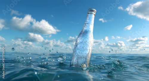 Glass bottle floating in ocean waves water