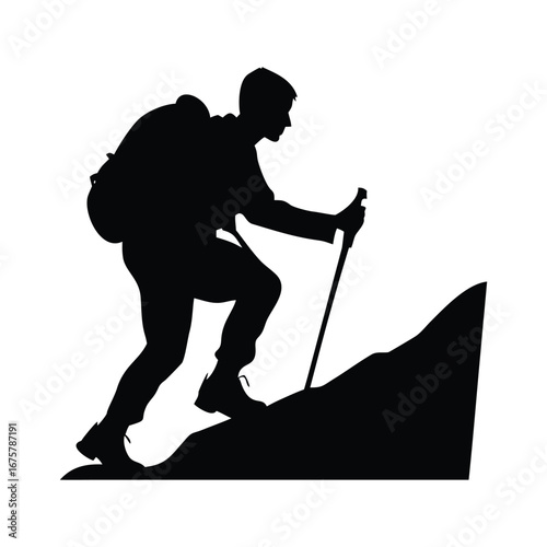 Silhouette of a hiker climbing a mountain with trekking poles