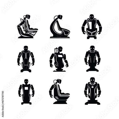 Collection of physiotherapy robot silhouette icons representing advanced medical technology, futuristic rehabilitation, and AI healthcare concepts