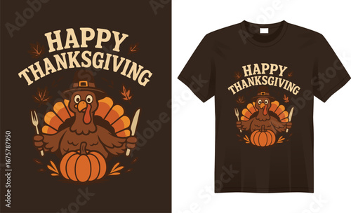 “Festive Thanksgiving t-shirt featuring autumn leaves, pumpkins, and a cheerful turkey with warm seasonal colors, perfect for family gatherings and holiday celebrations.”