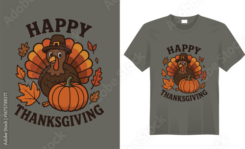 “Festive Thanksgiving t-shirt featuring autumn leaves, pumpkins, and a cheerful turkey with warm seasonal colors, perfect for family gatherings and holiday celebrations.”