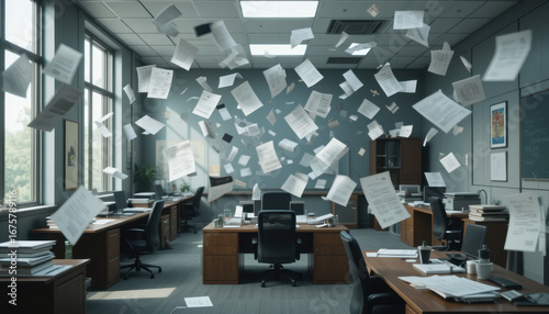 Papers flying in chaotic office setting, creating sense of disarray. room is filled with desks, chairs, and office supplies, with large windows allowing natural light to illuminate scene