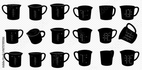 Collection of black silhouette measuring jugs in various angles and positions.