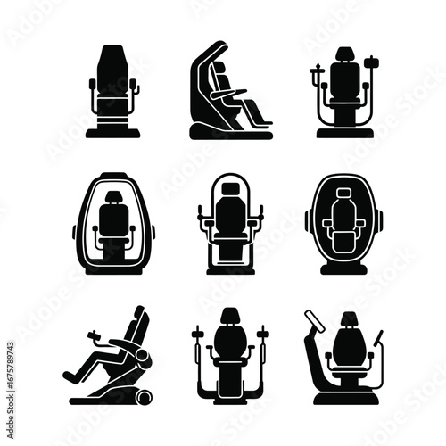 Set of physiotherapy robot silhouette glyphs representing futuristic medical chairs for automated rehabilitation and diagnostics technology
