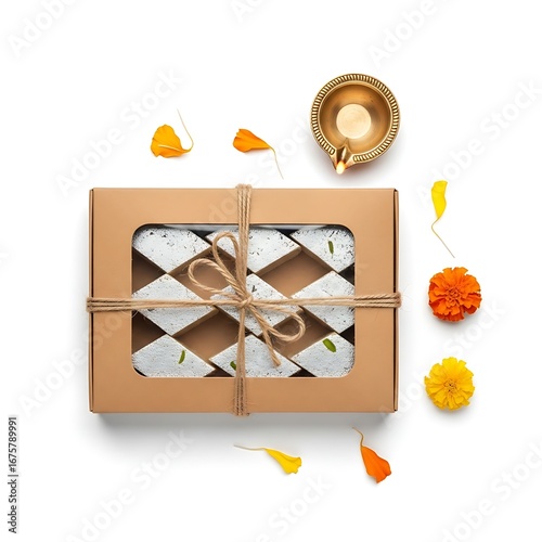 Diwali Delights: Kaju Katli Gift Box, Diya, and Marigold Flowers