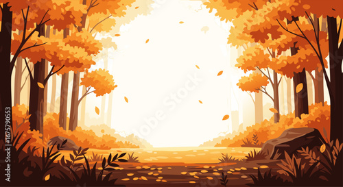 Vibrant autumn forest landscape with golden leaves falling gracefully, creating a beautiful seasonal fall background perfect for design