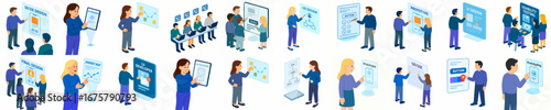 Isometric Style Detailed Group Interaction on Interactive Touchscreen Display Illustration