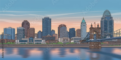 High-quality vector illustration of the Cincinnati skyline featuring iconic buildings and city landmarks