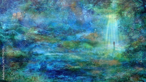 Silhouette Figure In Glowing Forest Path At Night