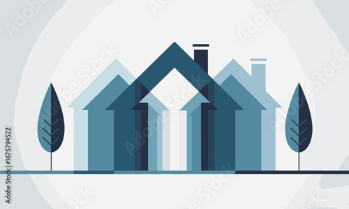 Modern abstract houses symbolizing growth and success with stylized trees, perfect for real estate and business concepts