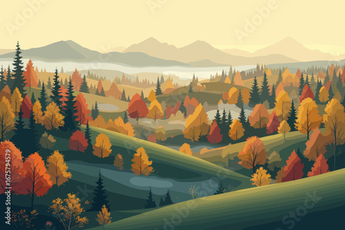 Vibrant autumn forest landscape unfolds across rolling hills, bathed in soft, hazy light, evoking serene natural beauty and peaceful escape.